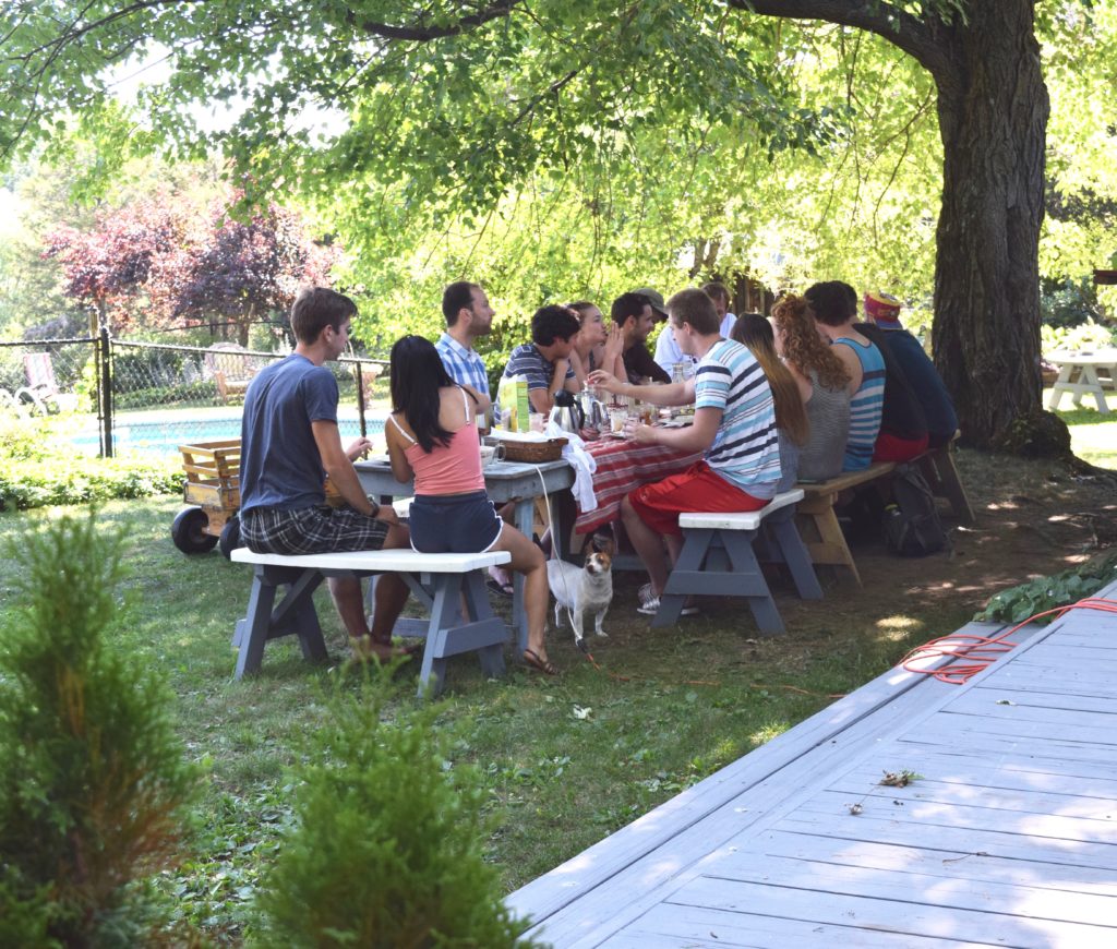 group of people enjoying outdoor lunch at picnic table under shade trees