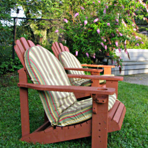 red adirondack chairs with striped pads sit waiting for occupants, green shrub with purple flowers in back